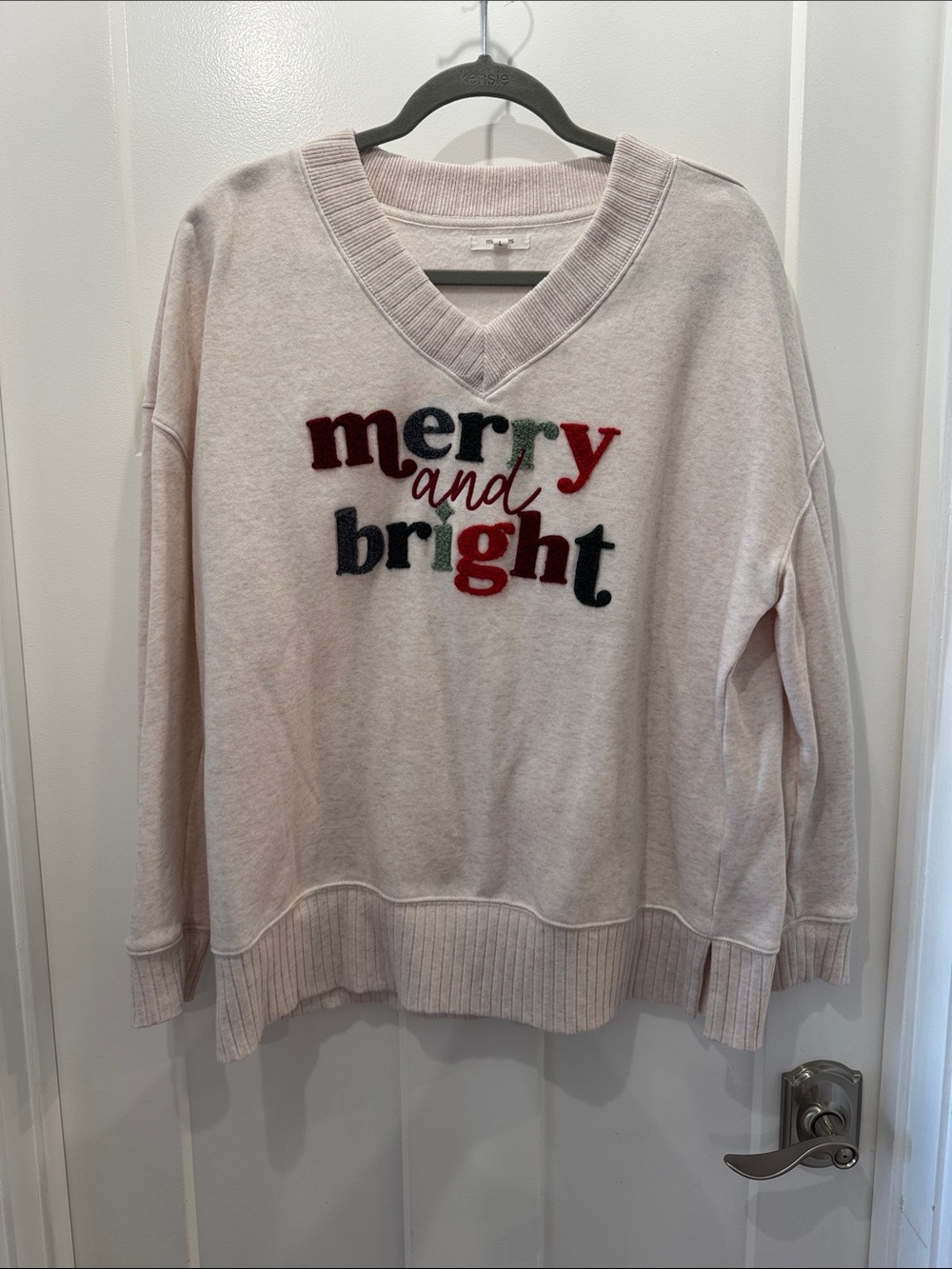Maurices Women’s Cream V‑Neck 'Merry and Bright' Sweater Size Large